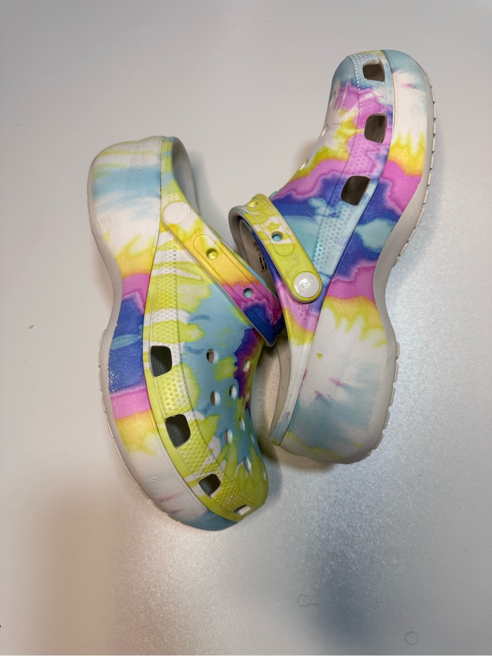 CROCS Tie-Dye Platform Clogs in Yellow, Purple, Blue
